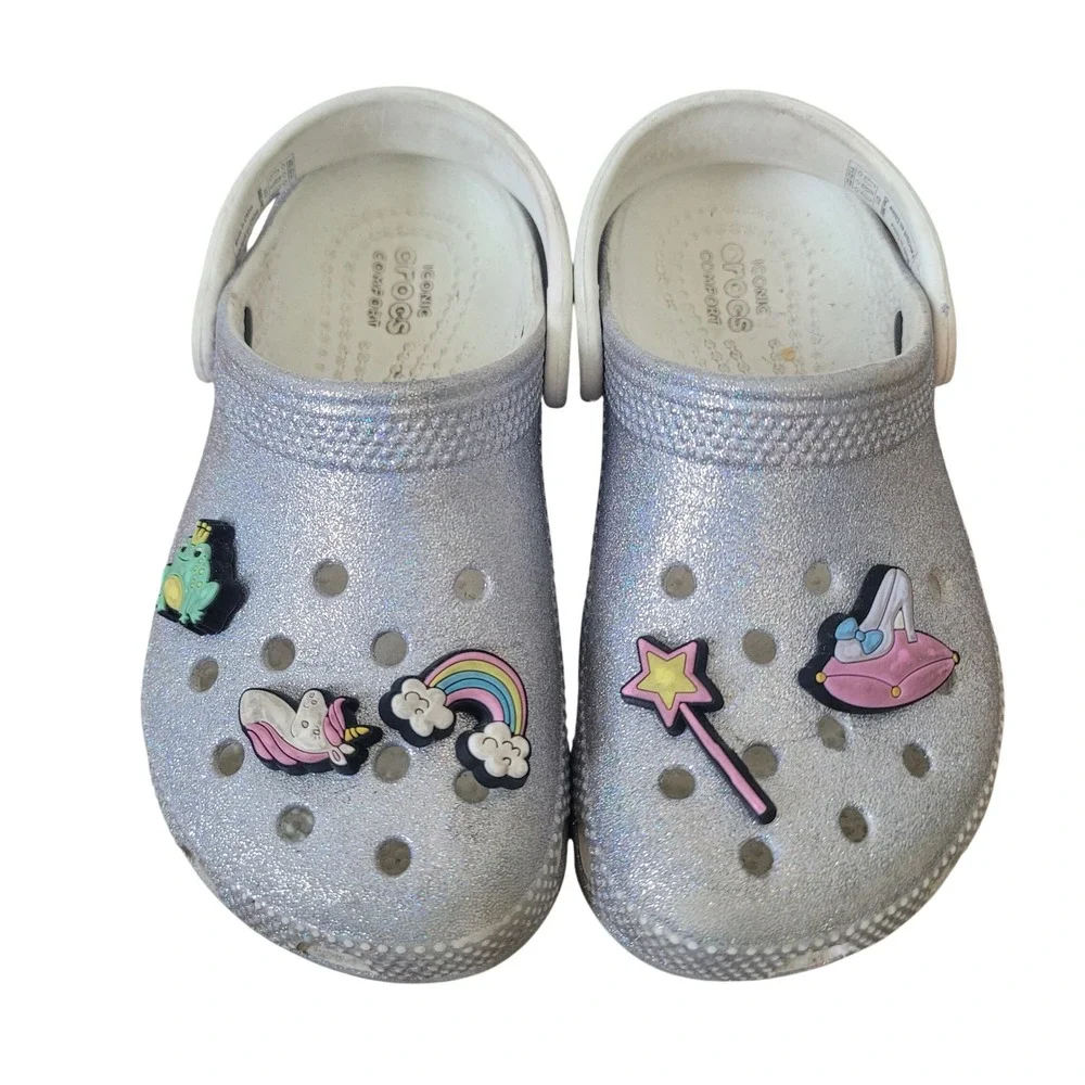 Crocs Kids 11 Classic Glitter Clog Silver Sparkle Unicorn Rainbow‎ Charms Shoes